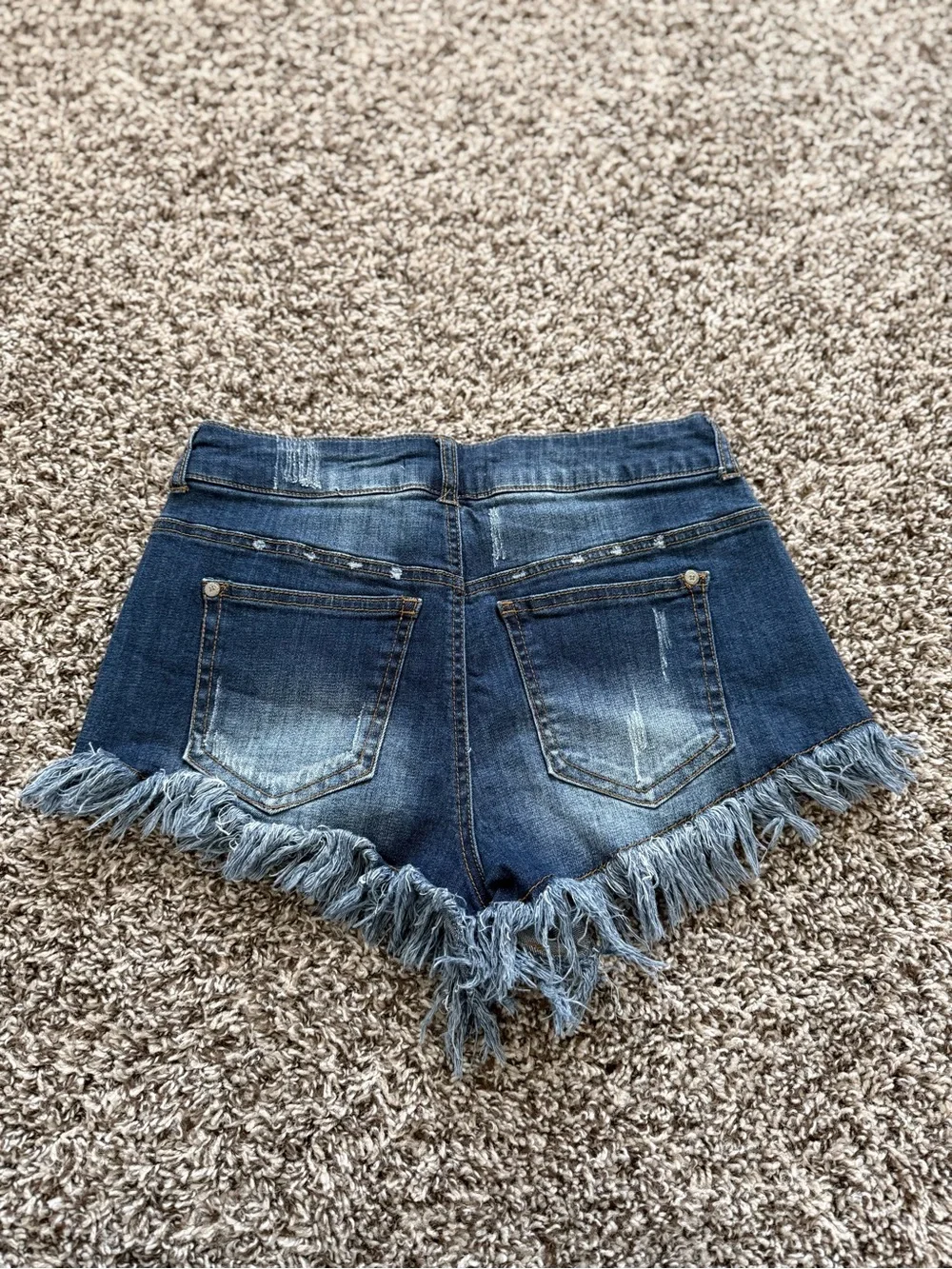 Altar'd State Distressed Dark Blue Denim Shorts with Frayed Hem